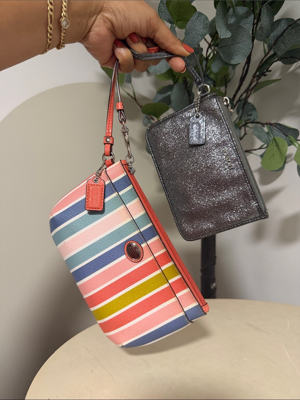 Coach Multicolor Striped Leather Wristlet with Metallic Gunmetal Mini Wristlet 🌼